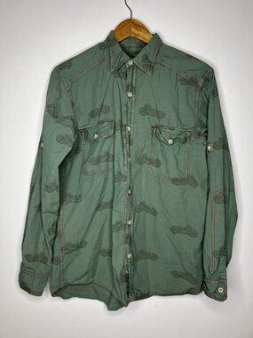 BARN FLY Men's Medium Green Motorcycle Print Long Sleeve Button Down Shirt